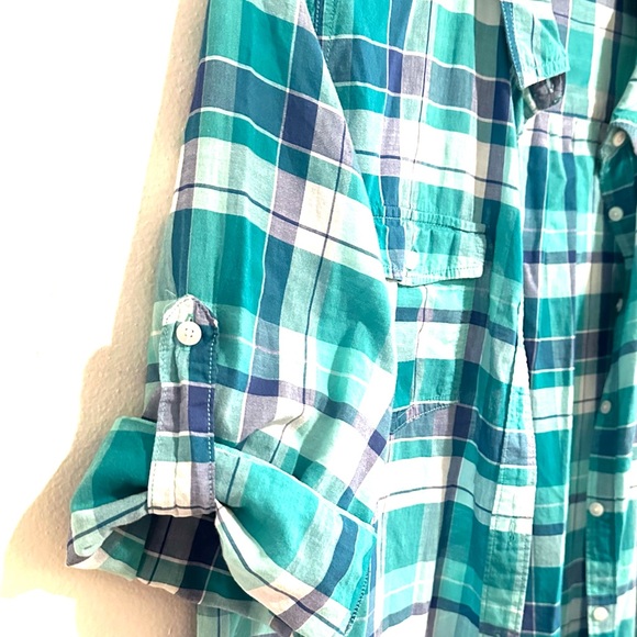 StJohns Blouse NWOT Bay 100% Cotton plaid Unisex,Sleeves up or long in one shirt - Picture 2 of 9